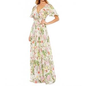 NEW MAC DUGGAL floral print faux wrap flutter sleeve a line dress in multi